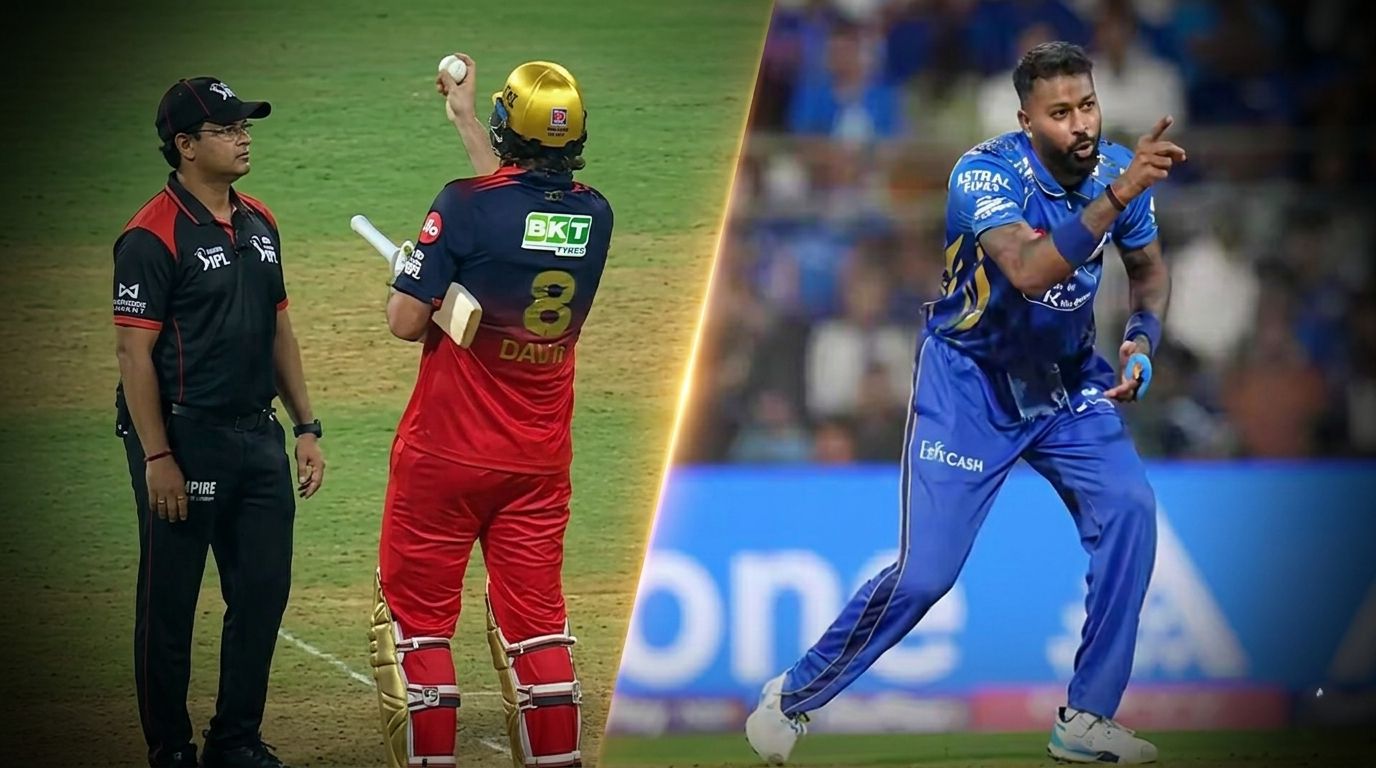 MI vs RCB IPL 2026 Drama saw Tim David arguing with umpire and Hardik Pandya fined for slow over rate.