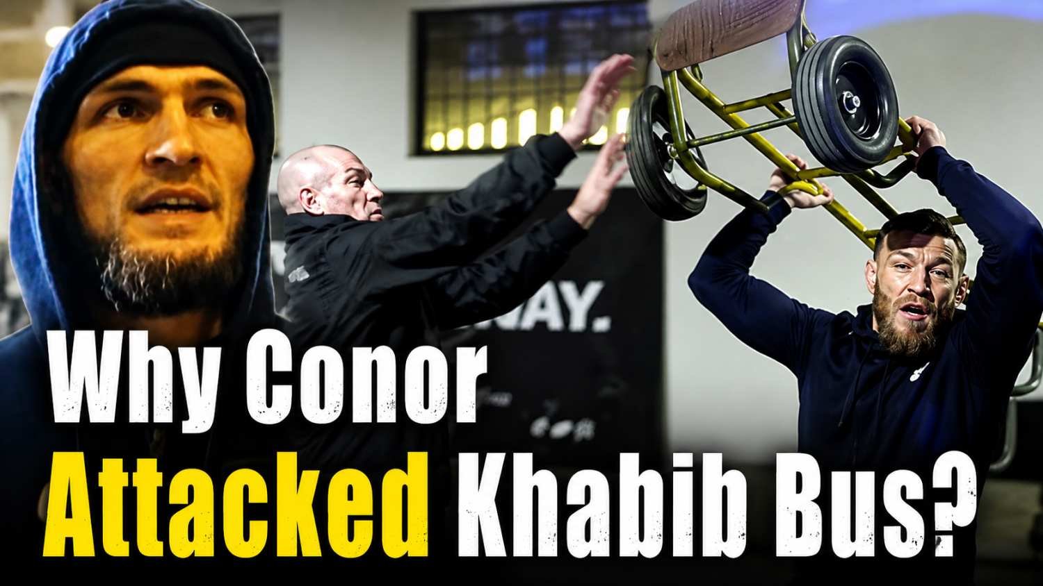 Conor McGregor throwing a dolly during the UFC 223 bus attack incident while Khabib Nurmagomedov appears in a dramatic split-image featured graphic.