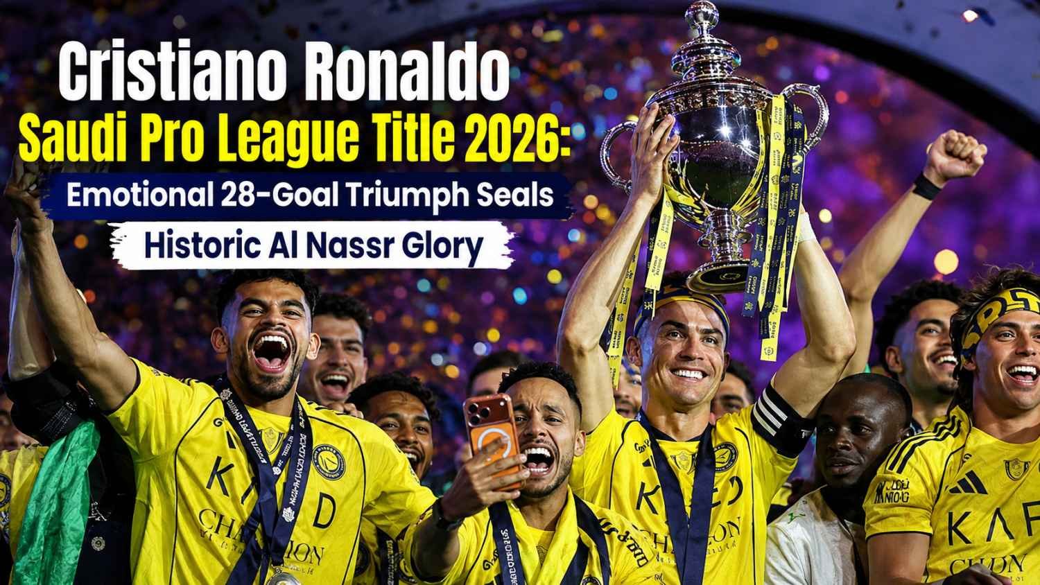 Cristiano Ronaldo lifting the Saudi Pro League trophy with Al Nassr teammates after winning the 2026 league title with a 28-goal season.