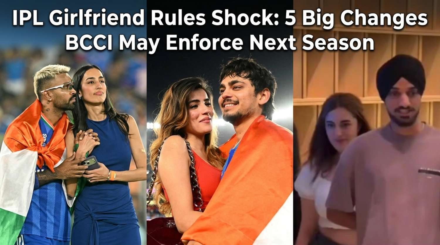 Collage of IPL players Hardik Pandya, Ishan Kishan, and Arshdeep Singh with their partners, featuring headline text about new BCCI rules for next season.