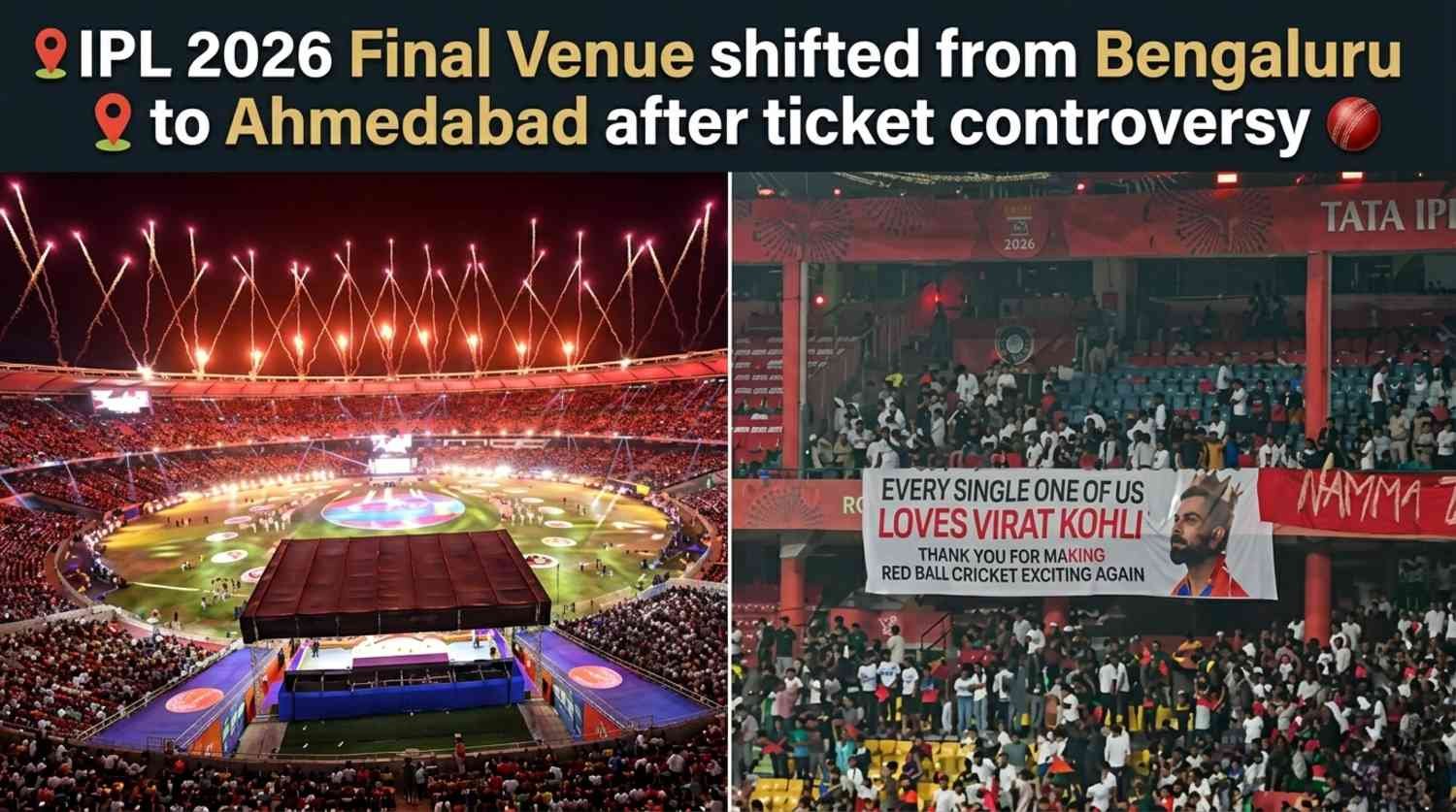 Split-screen image showing the illuminated Narendra Modi Stadium (Ahmedabad) with fireworks on the left, and a "Loves Virat Kohli" banner in a crowded stadium on the right. A top text overlay states, 'IPL 2026 Final Venue shifted from Bengaluru to Ahmedabad after ticket controversy,' with location pins and a cricket ball.