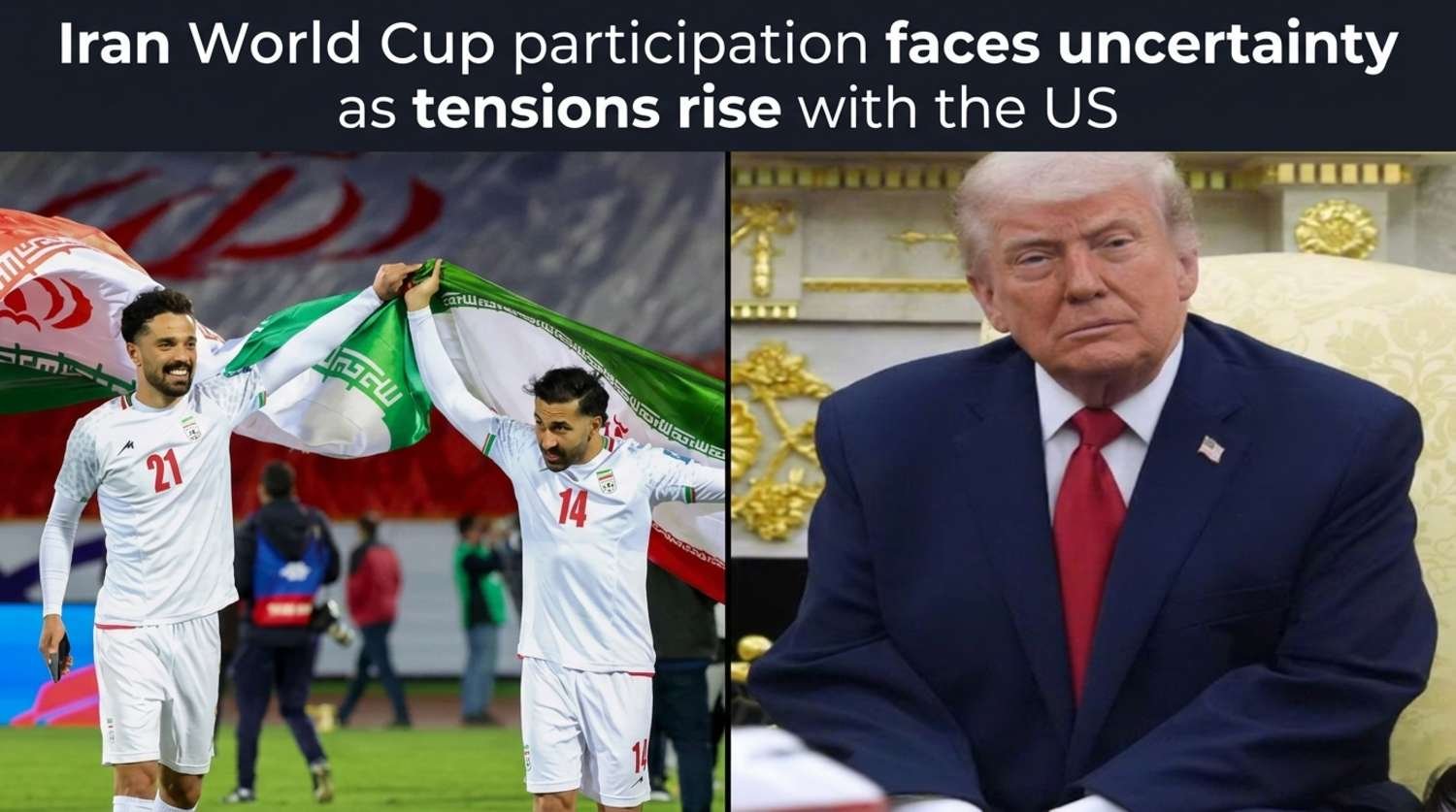 A split-screen image for a news story showing celebrating Iranian soccer players holding their national flag on the left, and a portrait of Donald Trump on the right, with text about Iran's World Cup uncertainty.