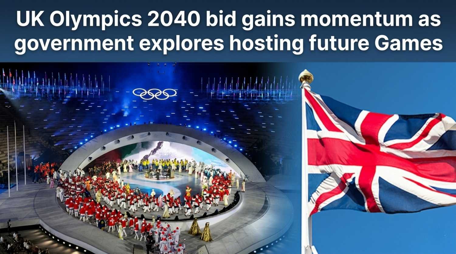 A split-screen featured image for a news story about the UK bidding for the 2040 Olympic Games. The image features a photo of the 2004 Athens Olympics opening ceremony inside the Panathenaic Stadium with glowing rings on the left, and a Union Jack (UK flag) waving on a flagpole on the right. A large white text headline at the top reads: 'UK Olympics 2040 bid gains momentum as government explores hosting future Games'.