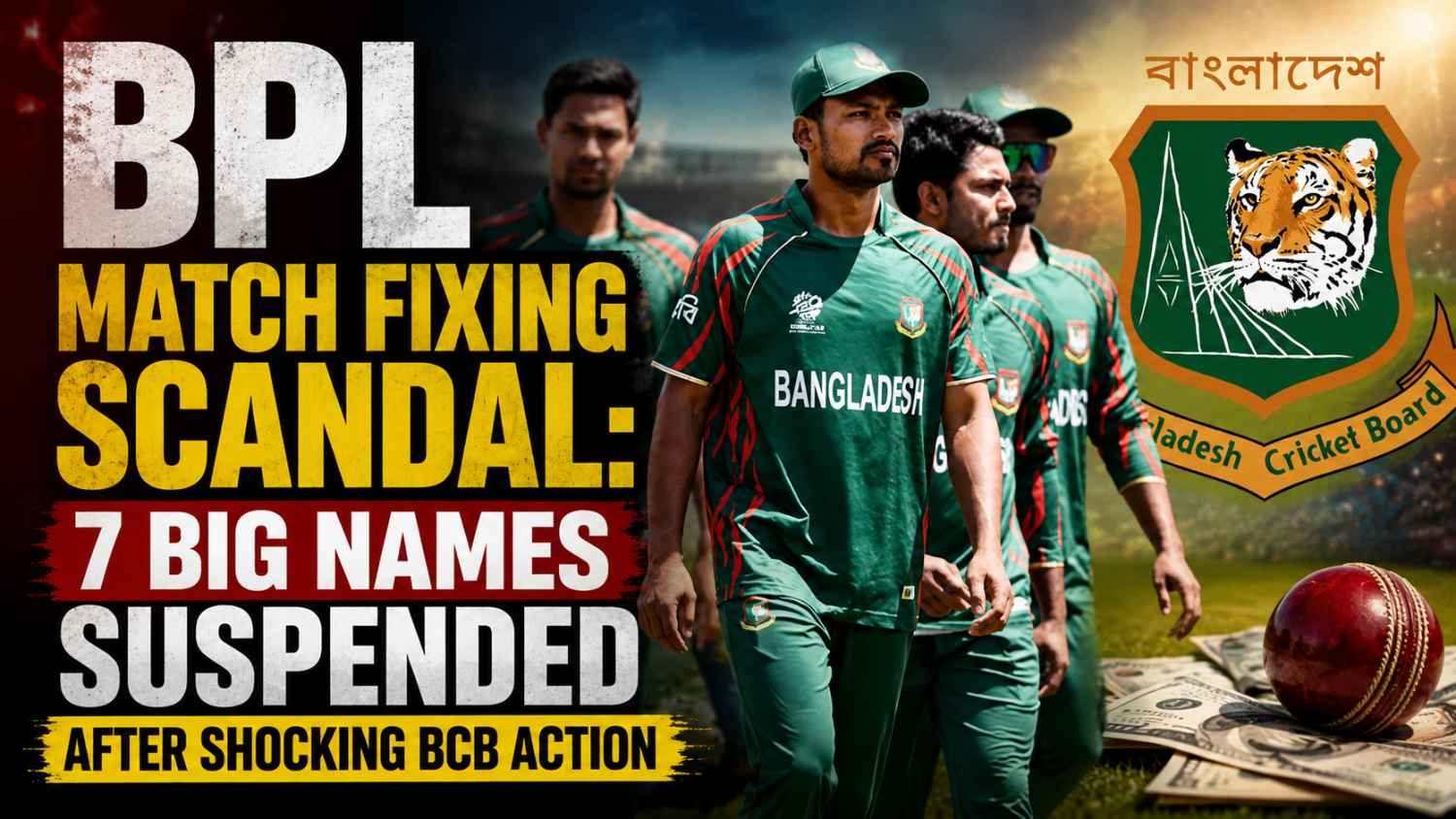 Bangladesh national cricket team players walking on the field and the official Bangladesh Cricket Board (BCB) logo, representing the investigation into the BPL match-fixing scandal and player suspensions.