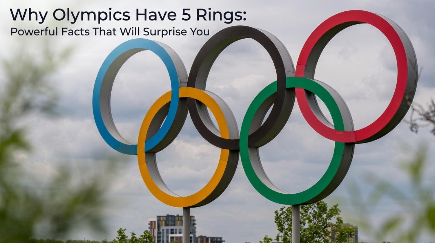 A large outdoor sculpture of the five Olympic rings against a cloudy sky with the text "Why Olympics Have 5 Rings: Powerful Facts That Will Surprise You" in the top left corner.