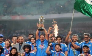 ICC Women’s Champions Trophy 2027 India host announcement featuring women cricketers and the ICC trophy in Mumbai and Vadodara