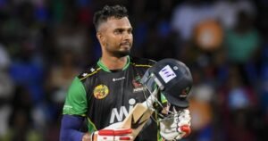 Dasun Shanaka celebrates after smashing a record-breaking 39-ball century for St Kitts and Nevis Patriots in CPL 2026