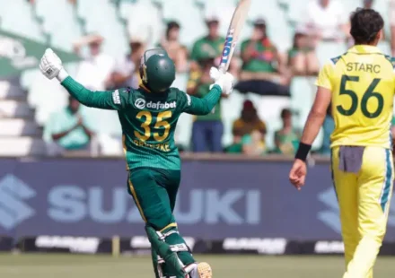 South africa beat australia by 67 runs: breetzke century, maharaj magic
