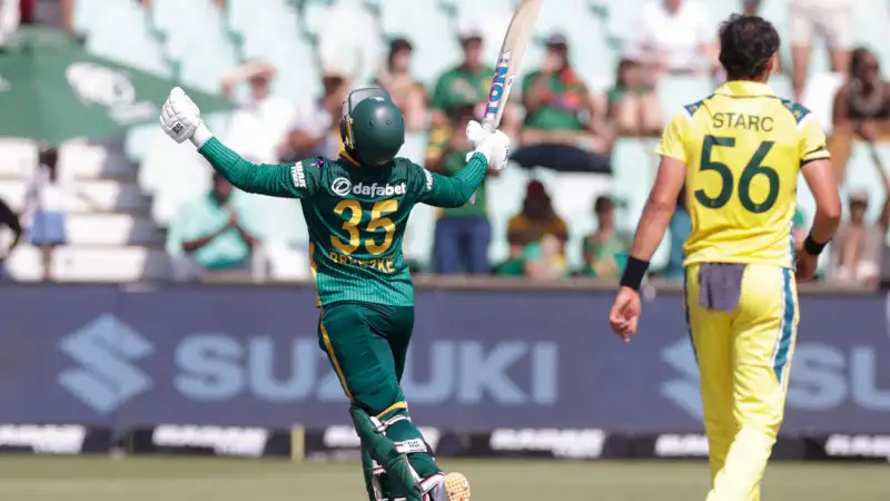 South africa beat australia by 67 runs: breetzke century, maharaj magic