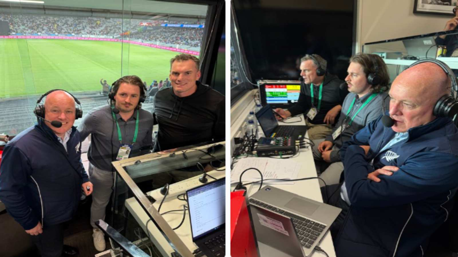 New Zealand Prime Minister Christopher Luxon in the commentary box during the 4th T20I as Glenn Phillips scores 107 against India at Eden Park.