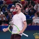 Alejandro Davidovich Fokina celebrates after defeating Rafael Jodar to win the 2026 Shanghai Masters title.