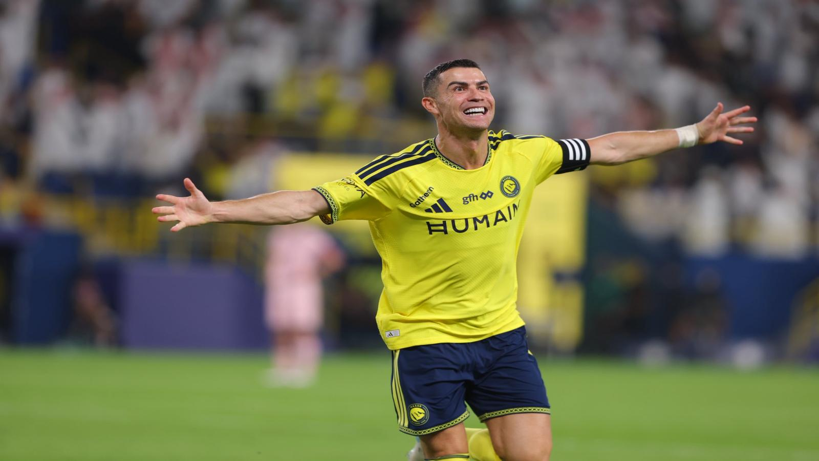 Cristiano Ronaldo celebrates his hat-trick during Al-Nassr's 5-3 victory over Al Kholood in the Saudi Pro League.