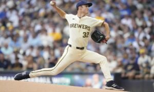 Jacob Misiorowski pitches for the Milwaukee Brewers against the Tampa Bay Rays in Game 1 of the 2026 World Series.