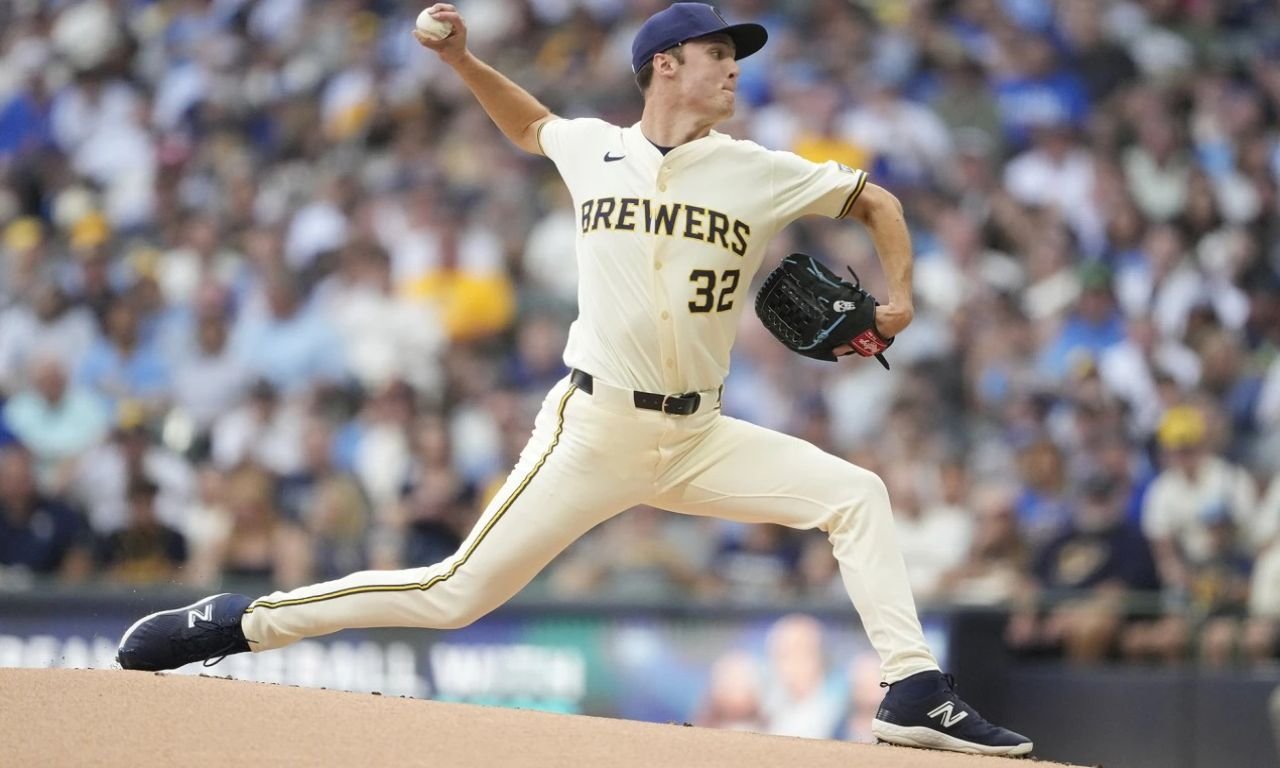 Jacob Misiorowski pitches for the Milwaukee Brewers against the Tampa Bay Rays in Game 1 of the 2026 World Series.