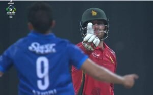 Brian Bennett survives after Azmatullah Omarzai bowls him during the Afghanistan vs Zimbabwe ODI tri-series match.