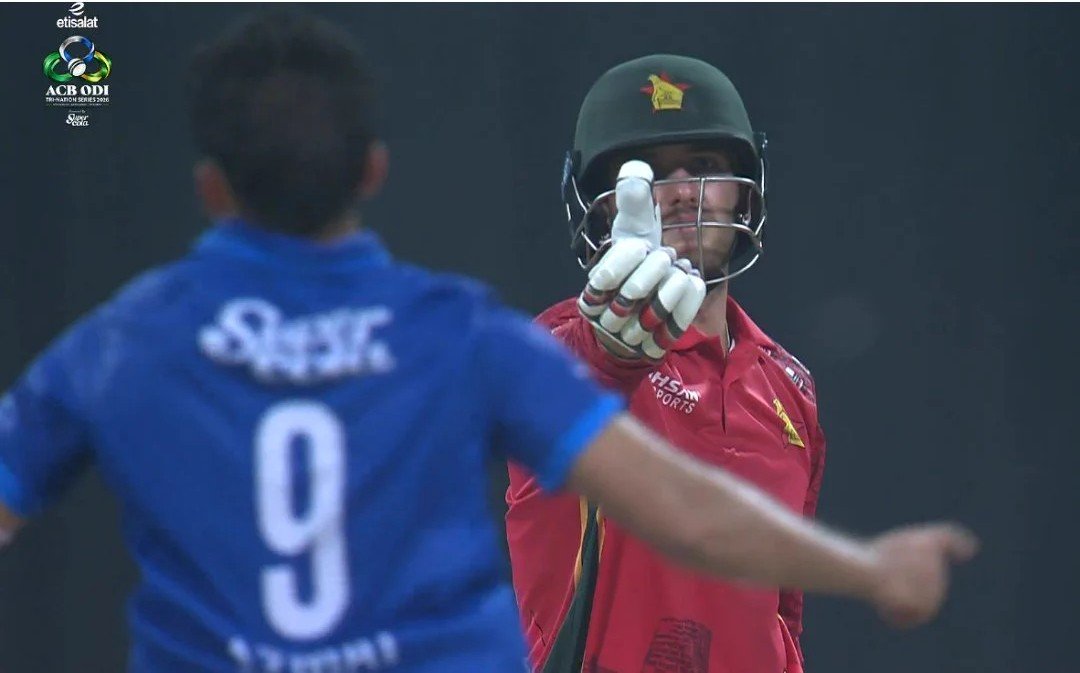 Brian Bennett survives after Azmatullah Omarzai bowls him during the Afghanistan vs Zimbabwe ODI tri-series match.