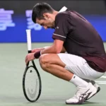 Novak Djokovic during his Shanghai Masters match against Hubert Hurkacz after winning the China Open in Beijing