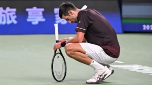 Novak Djokovic during his Shanghai Masters match against Hubert Hurkacz after winning the China Open in Beijing