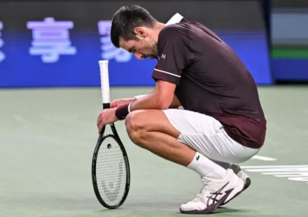 Novak Djokovic during his Shanghai Masters match against Hubert Hurkacz after winning the China Open in Beijing