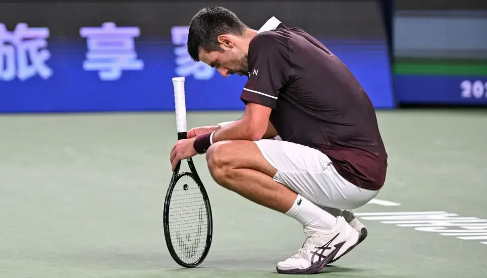 Novak Djokovic during his Shanghai Masters match against Hubert Hurkacz after winning the China Open in Beijing