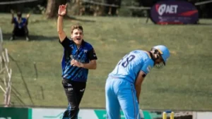 Chad Laycock celebrates his record-breaking five-wicket over against the Titans in the CSA Pro20 Cup 2026.