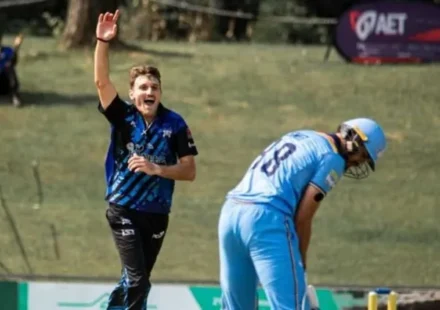 Chad Laycock celebrates his record-breaking five-wicket over against the Titans in the CSA Pro20 Cup 2026.