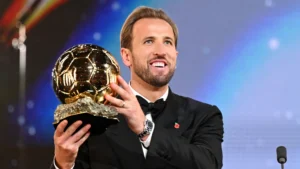 Harry Kane celebrates winning the 2026 Ballon d’Or alongside the ceremony’s top award winners in London.