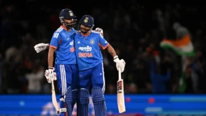 Sanju Samson and Naman Dhir celebrate India's record 226-run chase against New Zealand in the first T20I at Christchurch on October 22, 2026.