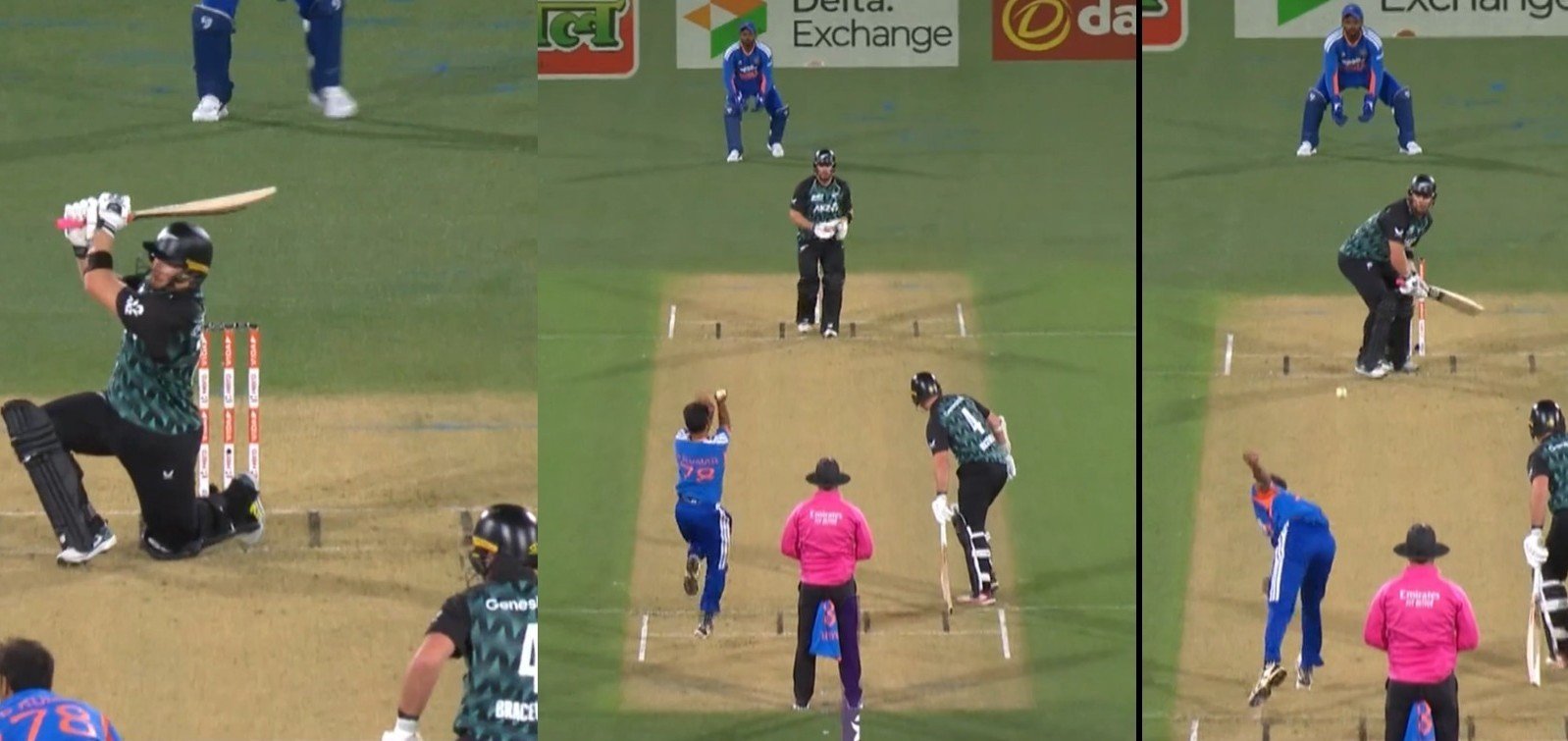 Glenn Phillips plays an unconventional switch hit against Bhuvneshwar Kumar in the India vs New Zealand first T20I in Christchurch.