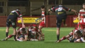 Curtis Gregory of Ebbw Vale receives a red card after stamping on a Llandovery player's leg during a Super Rygbi Cymru match.