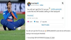 Abhishek Sharma celebrates his 35-ball century against New Zealand as mentor Yuvraj Singh jokes about his 12-ball fifty record.