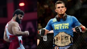 Arman Tsarukyan and Anthony Pettis ahead of their RAF 15 middleweight crossover title wrestling match on November 28, 2026.