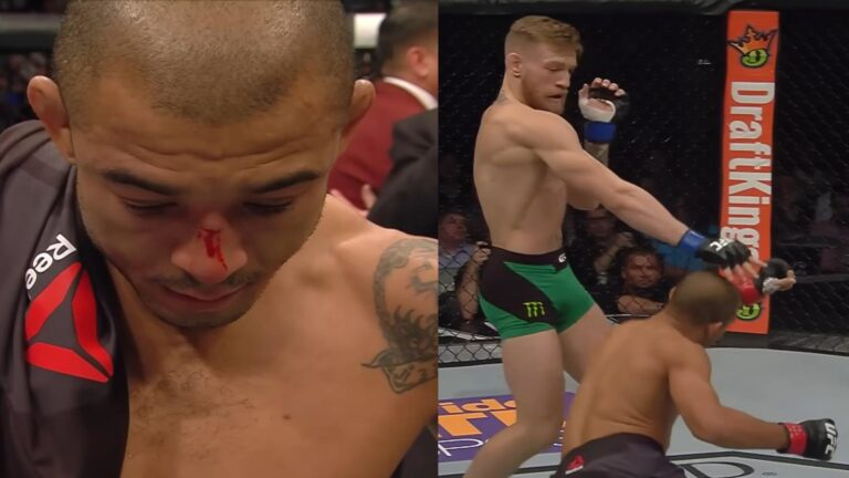 Jose Aldo and Conor McGregor during their UFC 194 featherweight title fight in Las Vegas in December 2015