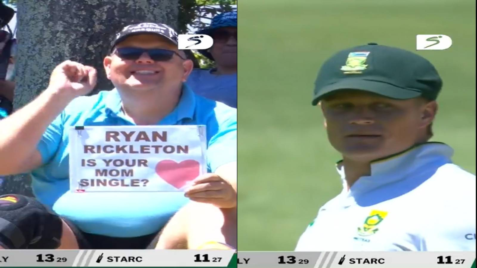 Ryan Rickelton reacts after a fan displays an 'Is your mom single?' placard during the South Africa vs Australia 3rd Test at Newlands.