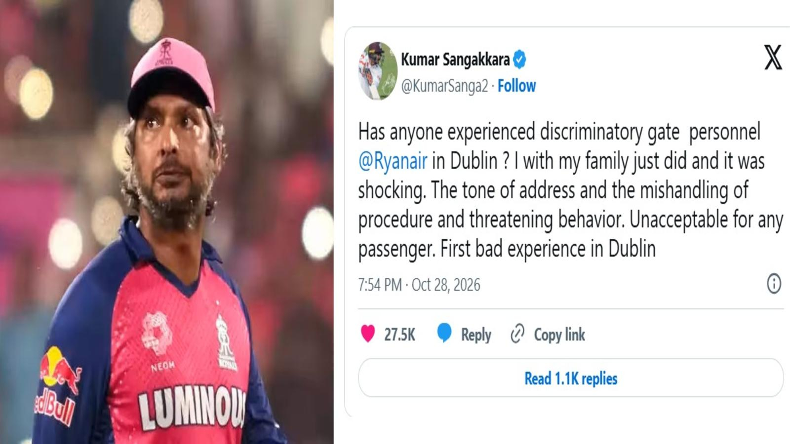 Kumar Sangakkara Ryanair discrimination controversy following alleged incident with airline staff at Dublin Airport.