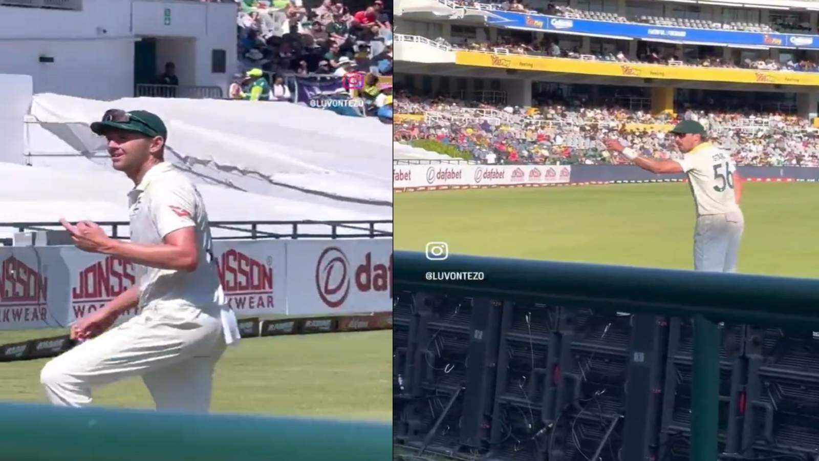Josh Hazlewood reacts to South African fans during the third Australia vs South Africa Test at Newlands in Cape Town.
