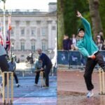 Prince William plays cricket with Sourav Ganguly, Brian Lara and Joe Root outside Buckingham Palace in London.