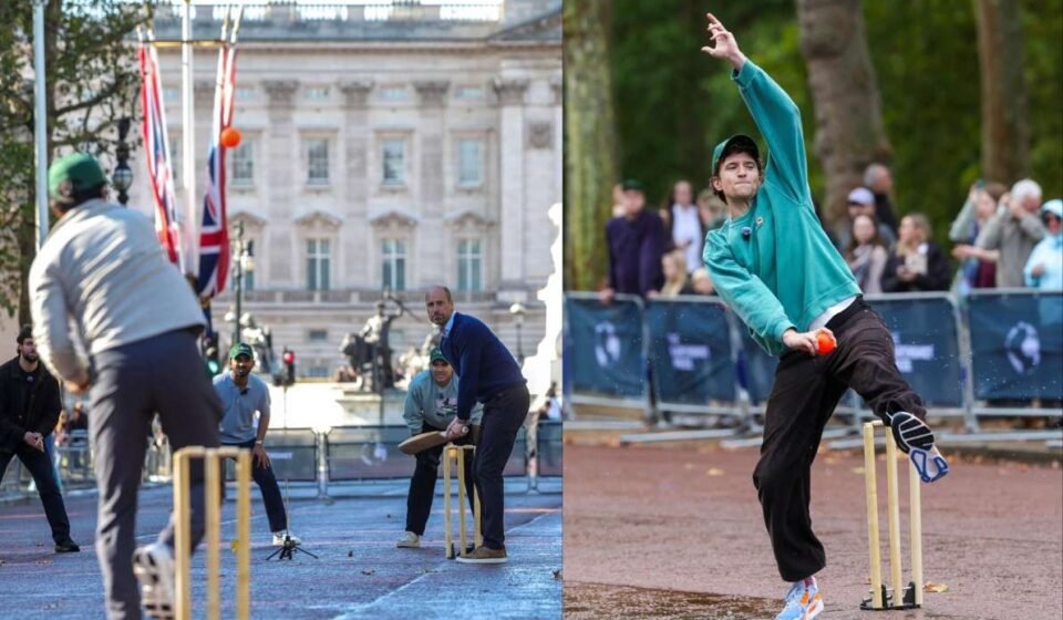 Prince William plays cricket with Sourav Ganguly, Brian Lara and Joe Root outside Buckingham Palace in London.