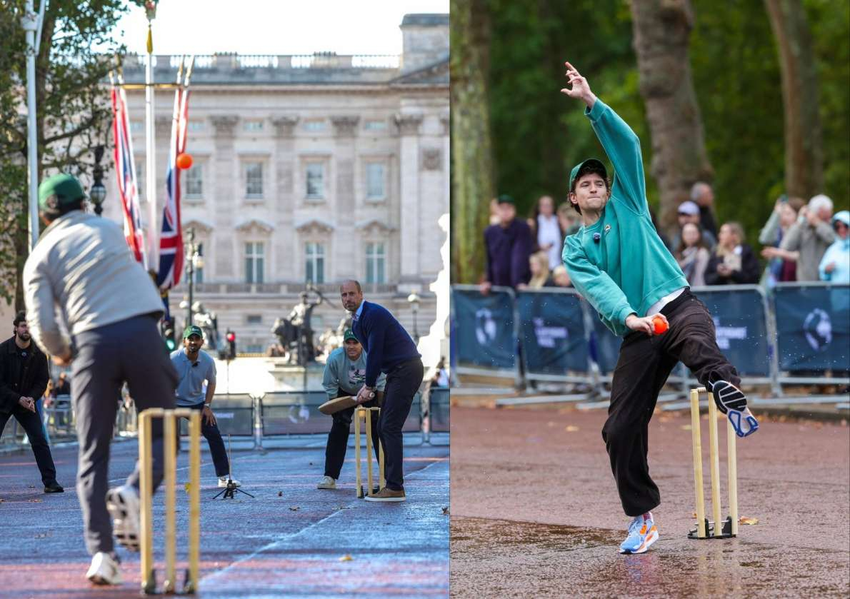 Prince William plays cricket with Sourav Ganguly, Brian Lara and Joe Root outside Buckingham Palace