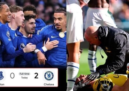 Pedro Neto celebrates scoring for Chelsea against Everton as goalkeeper Emiliano Martinez suffers a head injury during the Premier League match.