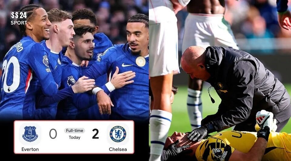 Pedro Neto celebrates scoring for Chelsea against Everton as goalkeeper Emiliano Martinez suffers a head injury during the Premier League match.