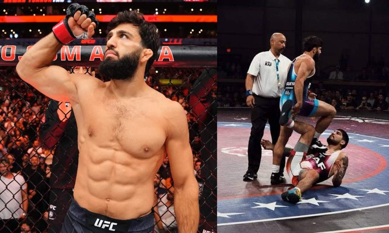 Arman Tsarukyan faces Dillon Danis during their RAF 14 middleweight crossover wrestling match in Las Vegas.