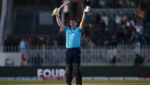 Harry Brook celebrates his record-breaking 202 off 116 balls against Sri Lanka in the ODI tri-series at Rawalpindi Cricket Stadium on October 22, 2026.