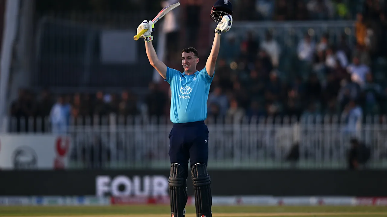 Harry Brook celebrates his record-breaking 202 off 116 balls against Sri Lanka in the ODI tri-series at Rawalpindi Cricket Stadium on October 22, 2026.