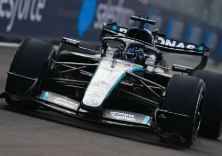George Russell leads Charles Leclerc and Lando Norris during Singapore Grand Prix practice 2026