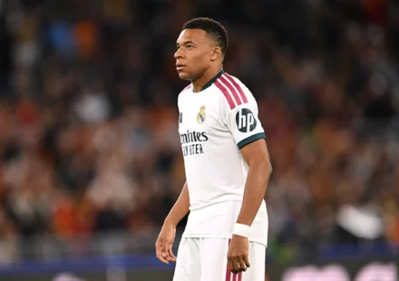 Kylian Mbappe celebrates after breaking Lionel Messi’s Champions League appearance record for Real Madrid
