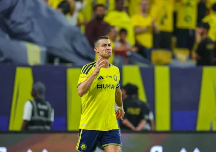 Cristiano Ronaldo celebrates after scoring for Al-Nassr against Neftchi Fergana in Riyadh after a missile threat delayed the AFC Champions League Elite match
