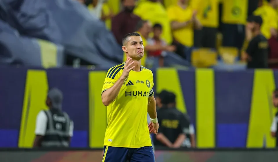 Cristiano Ronaldo celebrates after scoring for Al-Nassr against Neftchi Fergana in Riyadh after a missile threat delayed the AFC Champions League Elite match