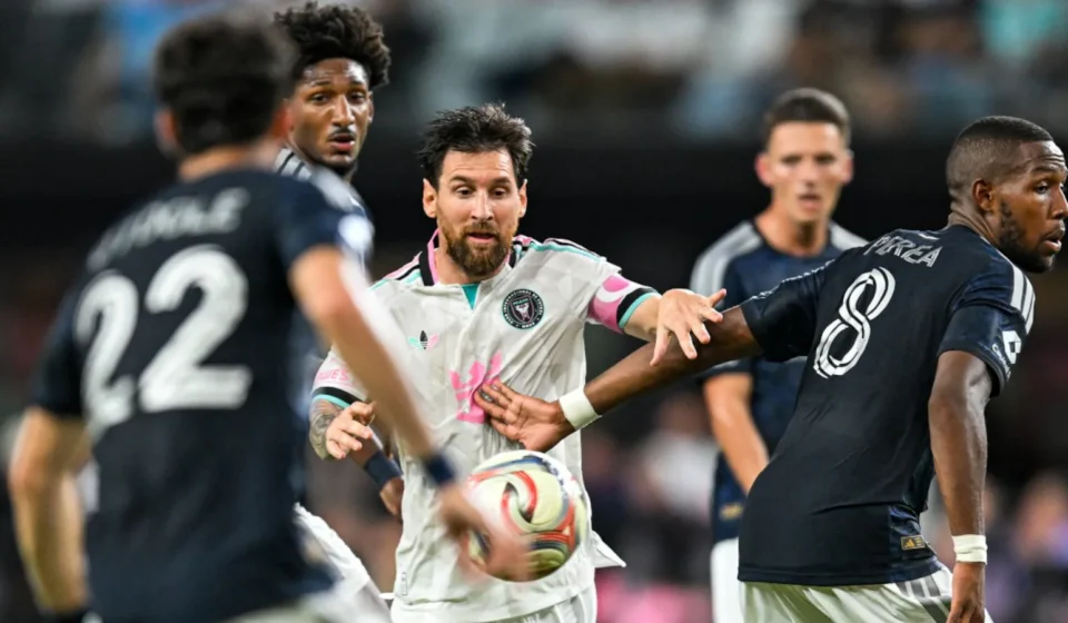Lionel Messi celebrates with Rodrigo De Paul after Inter Miami beat New York City FC 2-0 to clinch a 2026 MLS playoff berth.